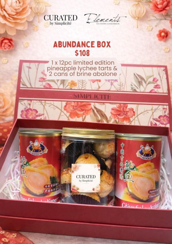 Elements Cake Abundance Box [12pc limited edition pineapple lychee tarts, 2 cans brine abalone]